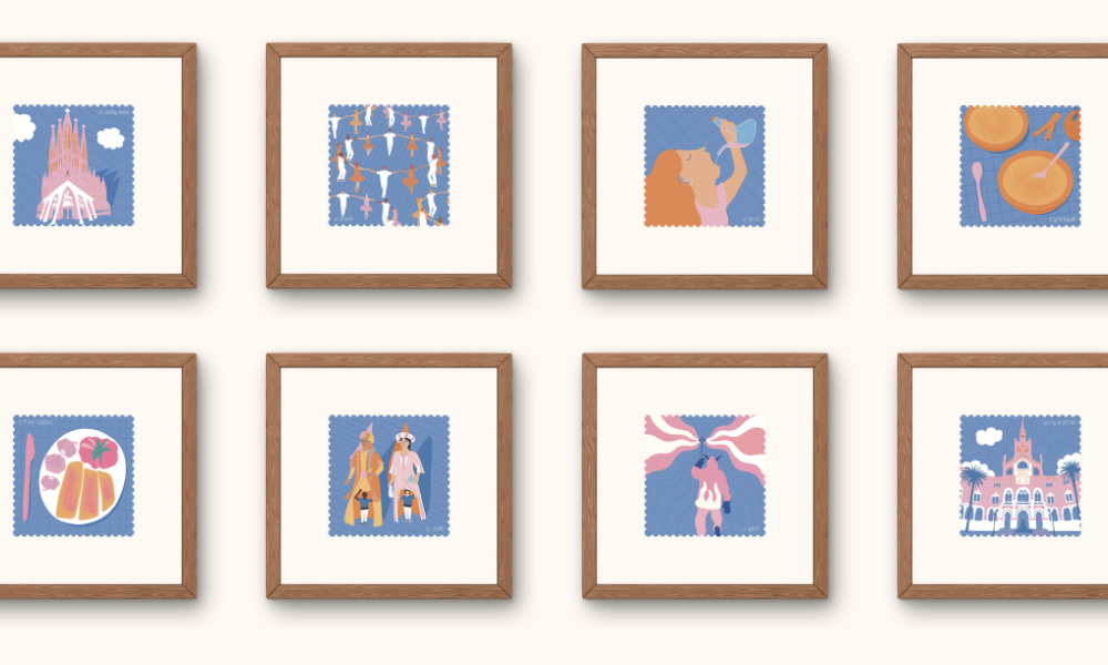 Illustration réalisées par Amélie Decomble alias Amélimón, il y a 8 cadres avec des illustrations dedans qui représente des traditions catalanes à Barcelone