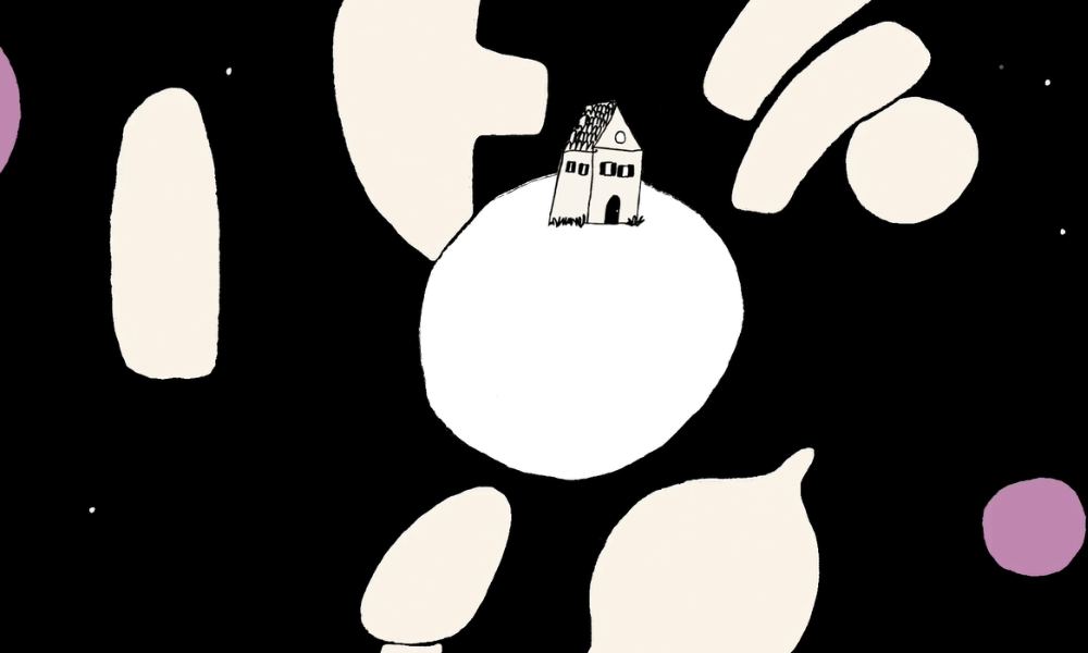 Extrait d'ne animation 2D Dessin réalisé à la main par Amélie Decomble alias Amélimón. Ça représente une maison sur une planète dans l'espace, entourée de formes qui gravitent autour