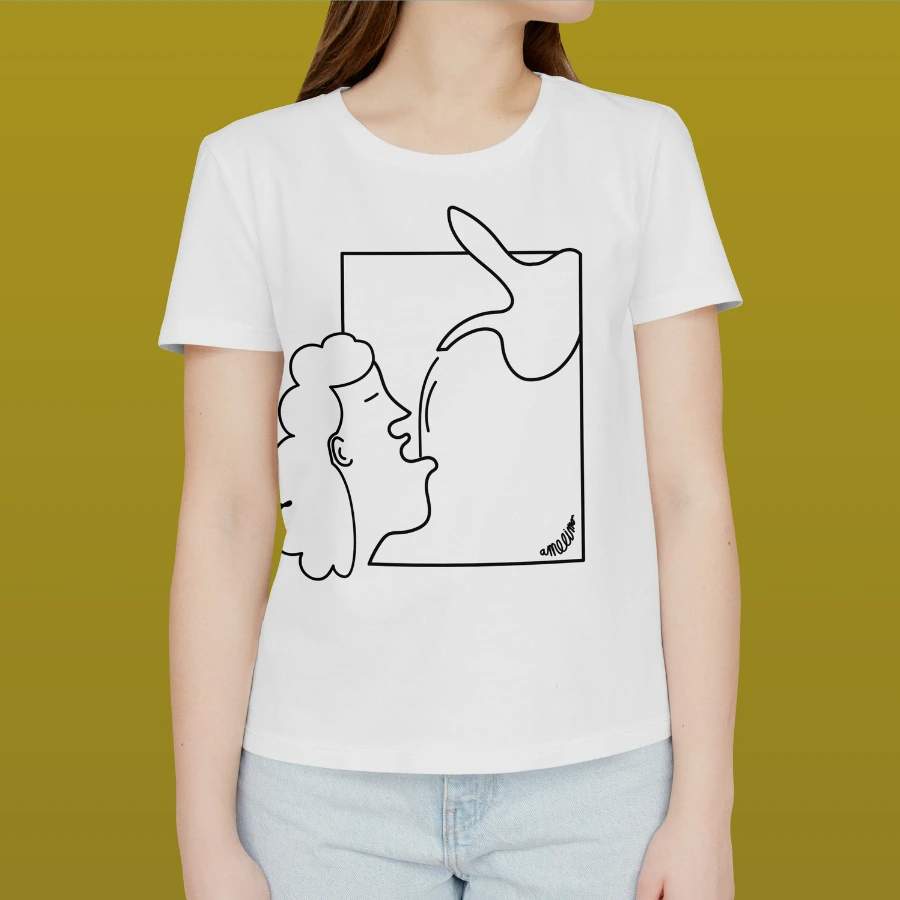 Custom screen-printed T-shirt featuring original black and white drawings of people drinking from a porron.