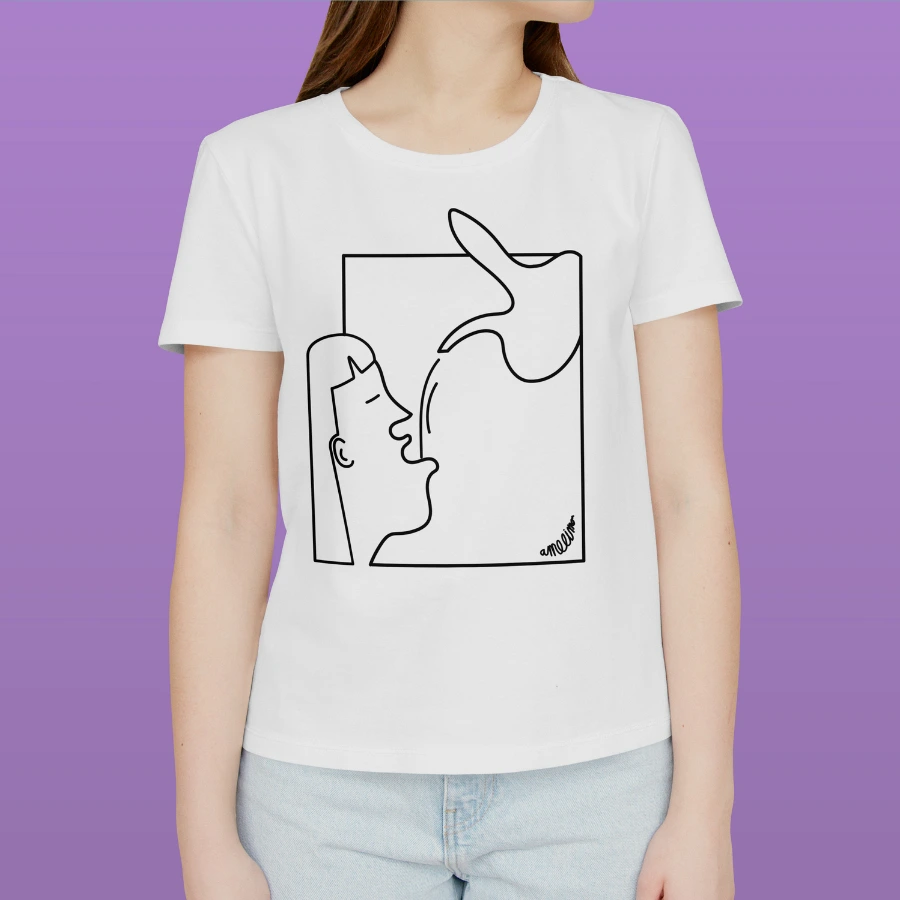 Custom screen-printed T-shirt featuring original black and white drawings of people drinking from a porron.