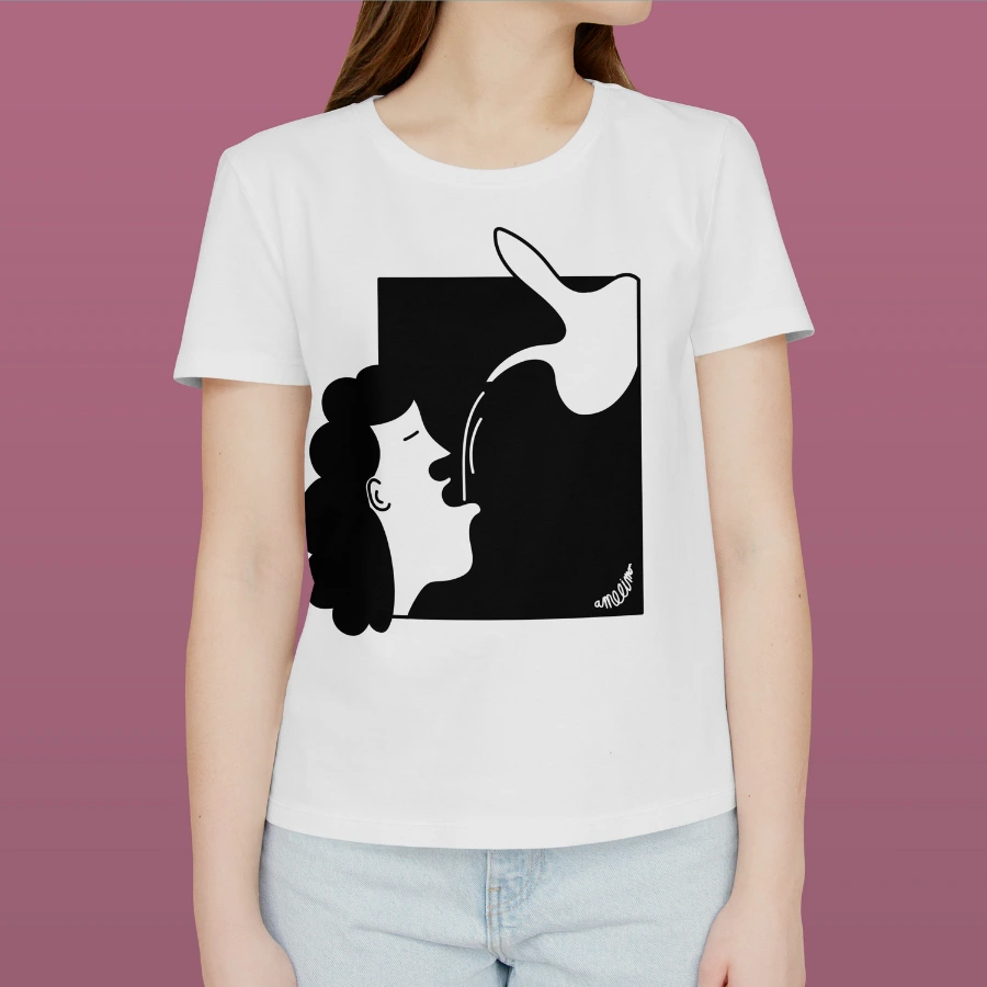 Custom screen-printed T-shirt featuring original black and white drawings of people drinking from a porron.