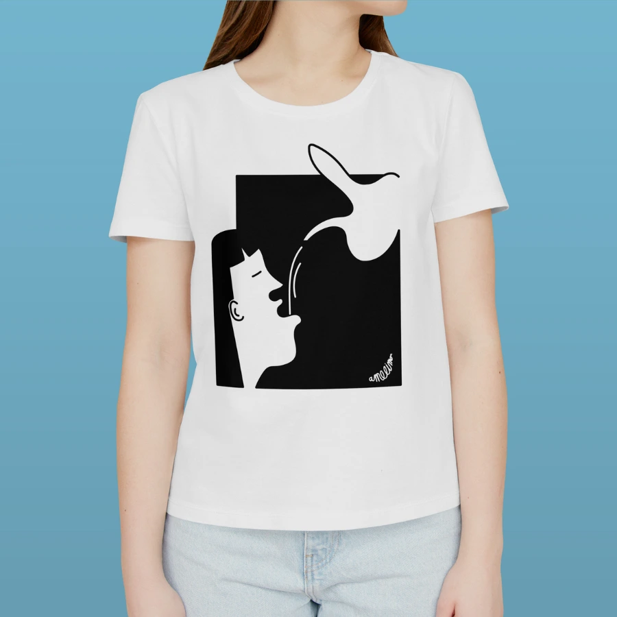 Custom screen-printed T-shirt featuring original black and white drawings of people drinking from a porron.