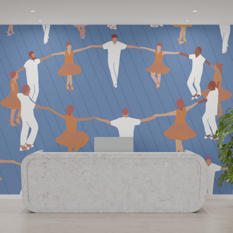 Fresque mural qui represente des danseurs de Sardana en catalogne. Illustration réalisée par Amélie Decomble alias Amélimón. Fresque Mural dans un bureau de Barcelone