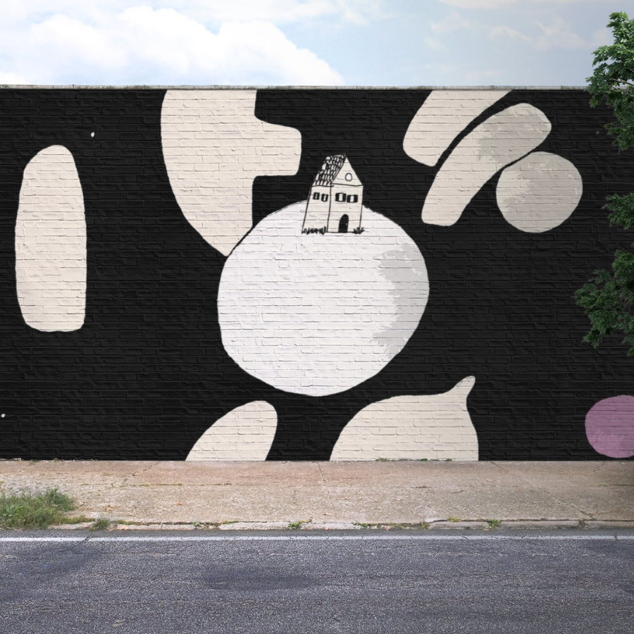 Fresque mural qui represente une maison sur une planette en catalogne. Illustration réalisée par Amélie Decomble alias Amélimón. Fresque Mural dans un bureau de Barcelone