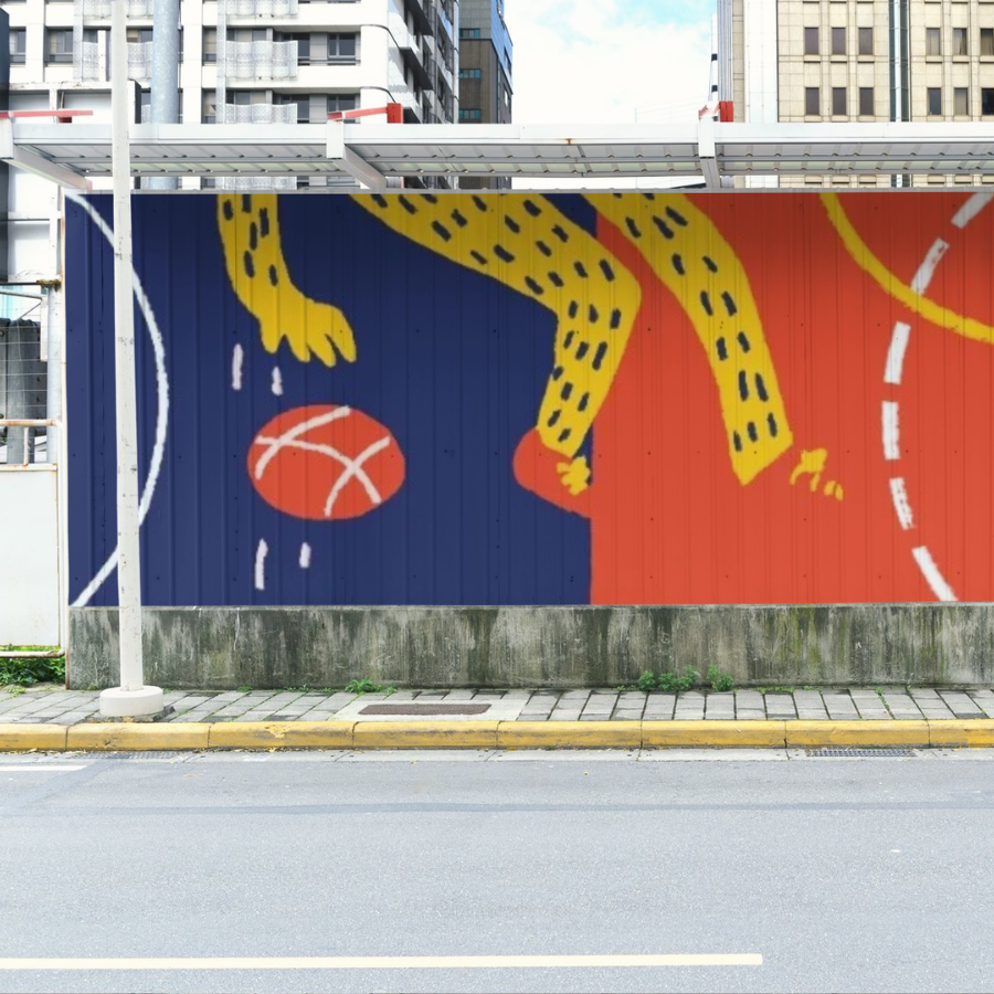 Fresque mural qui represente une maison une partie de basket en catalogne. Illustration réalisée par Amélie Decomble alias Amélimón. Fresque Mural dans un bureau de Barcelone