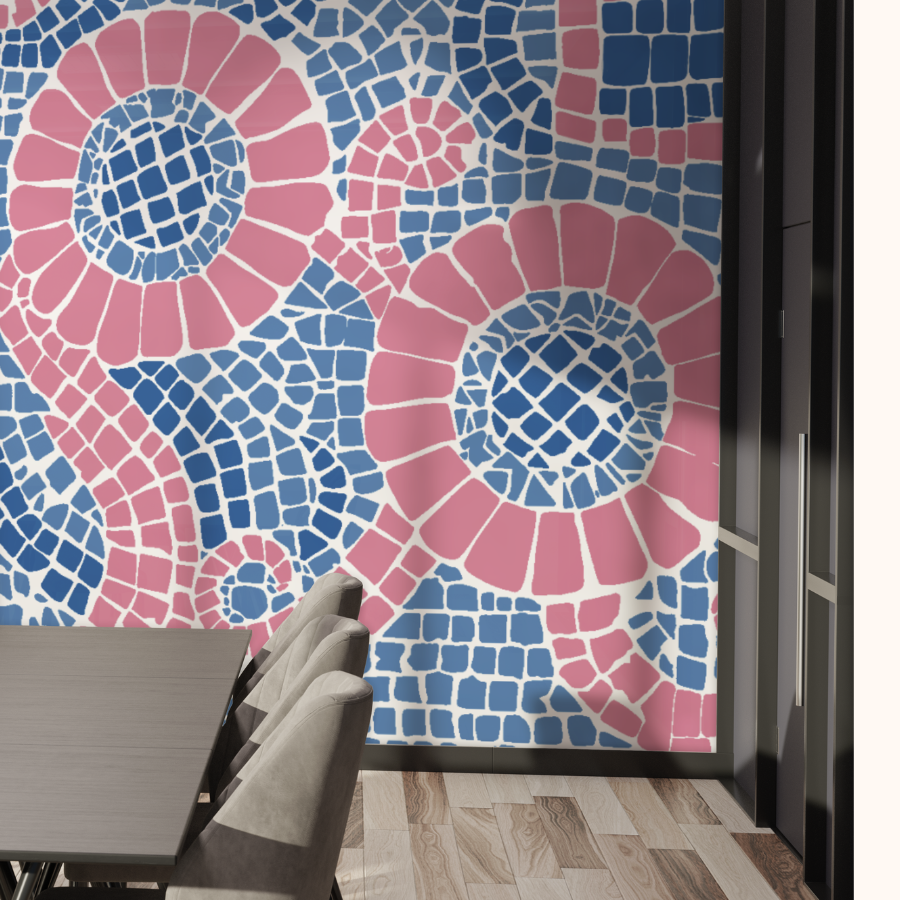 Fresque mural qui represente une mosaique en catalogne. Illustration réalisée par Amélie Decomble alias Amélimón. Fresque Mural dans un bureau de Barcelone