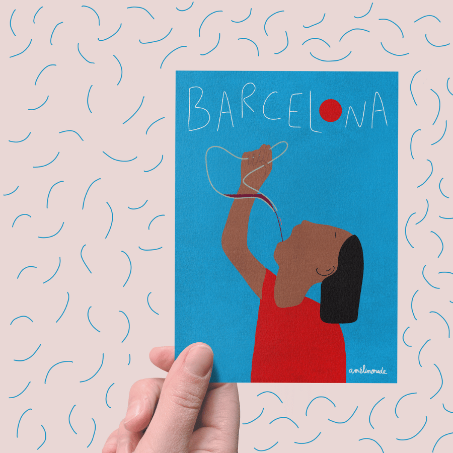 Carte postale qui représente un personnage qui boit au Porrón, dessinée par Amélie Decomble alias Amélimón à Barcelone