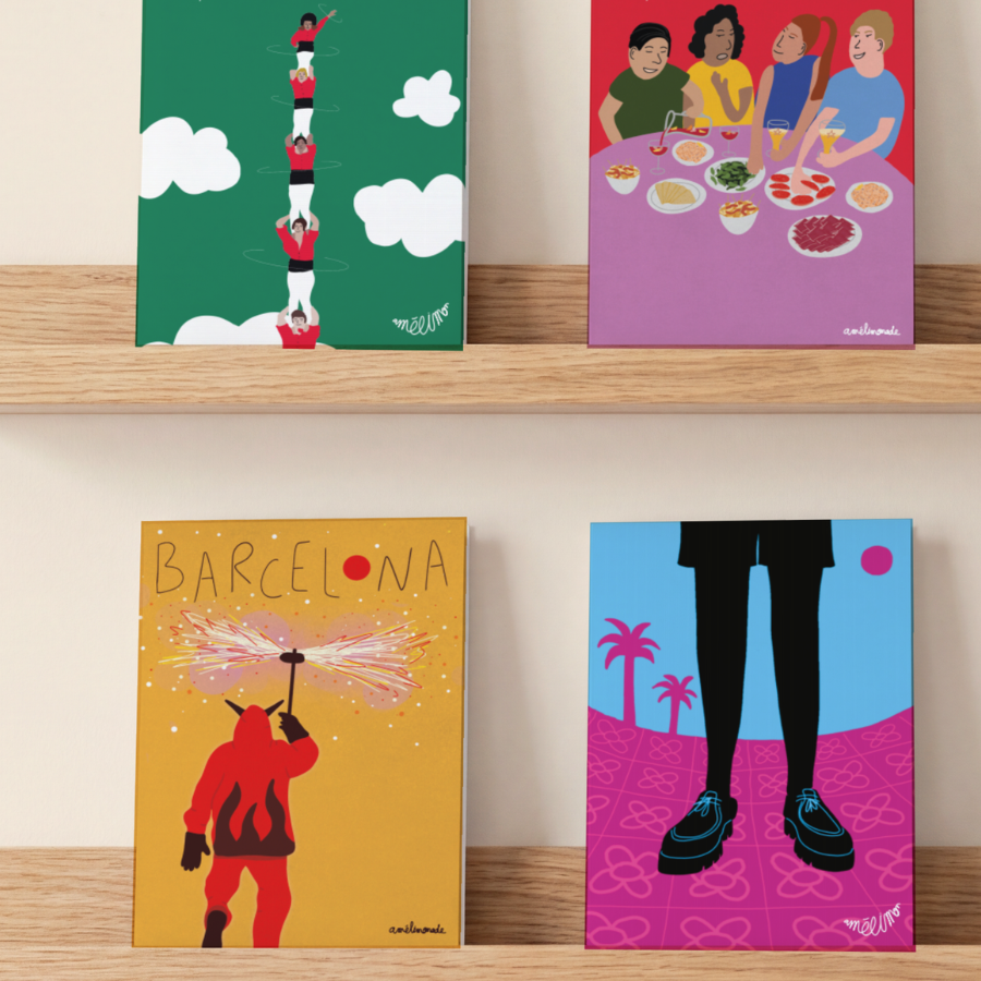 Cartes postales sur un étagère, dessins qui représentent des tradition catalanes de Barcelone, réalisées par Amélie Decomble alias Amélimón