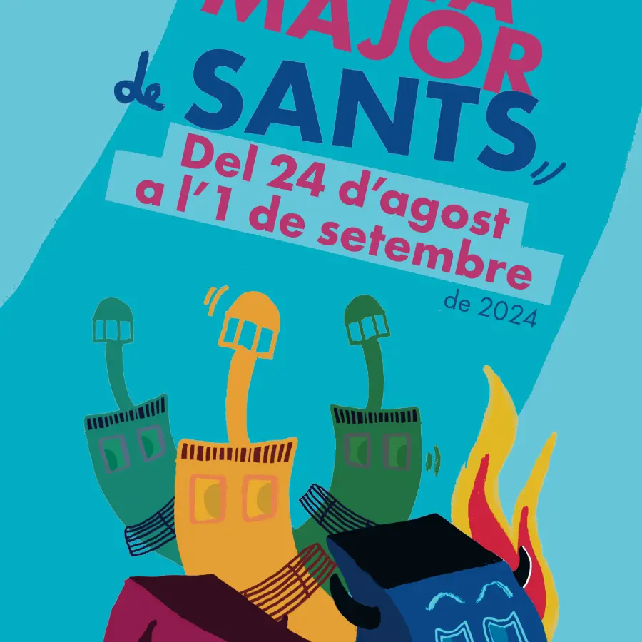 Illustrated poster for the Sants neighborhood festival in Barcelona, featuring dancing buildings with flames and devil horns representing the Correfocs tradition.