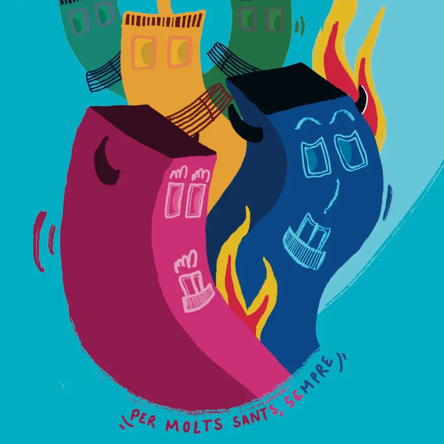 Illustrated poster for the Sants neighborhood festival in Barcelona, featuring dancing buildings with flames and devil horns representing the Correfocs tradition.