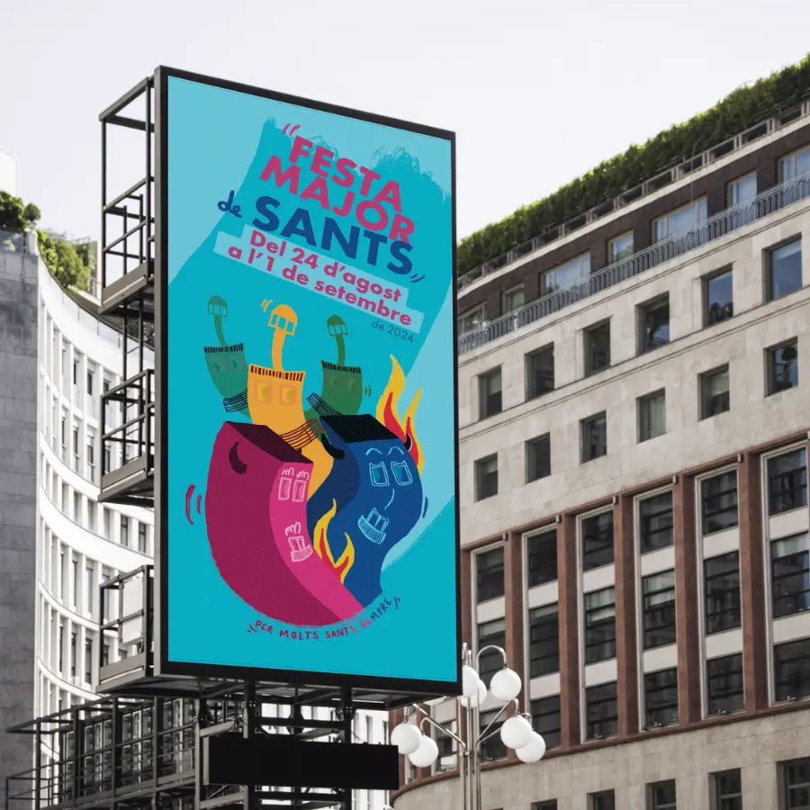 Illustrated poster for the Sants neighborhood festival in Barcelona, featuring dancing buildings with flames and devil horns representing the Correfocs tradition.